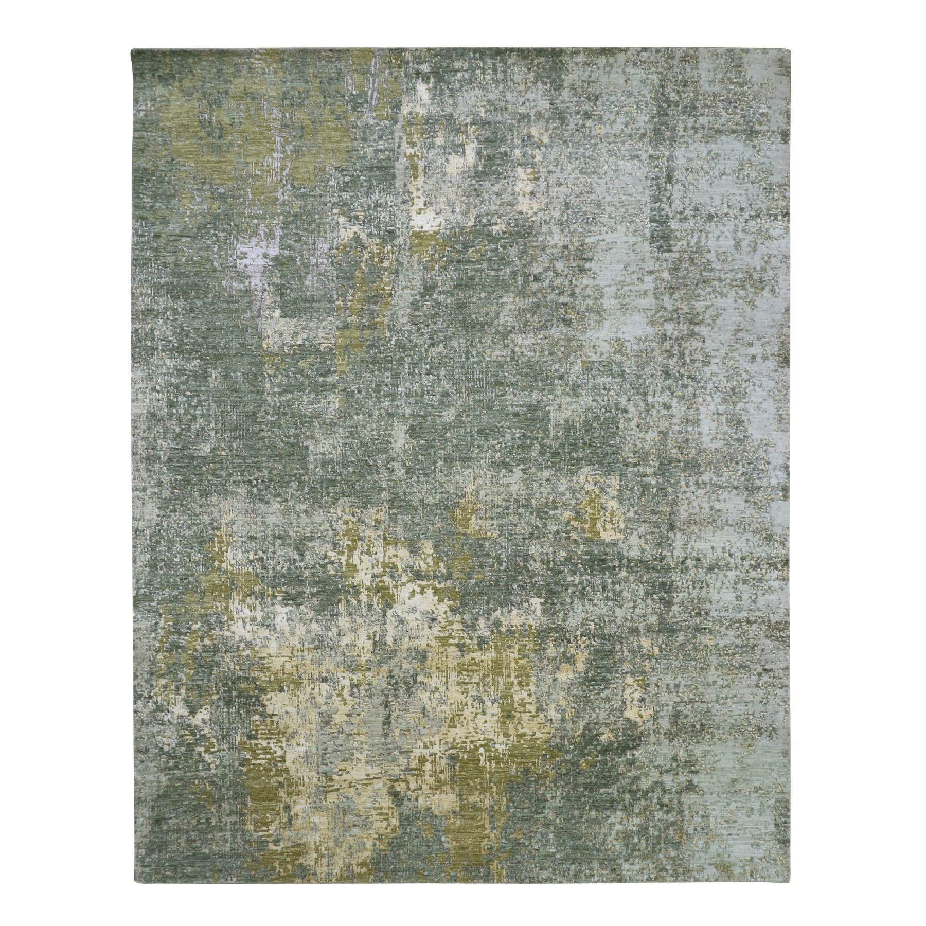 Sage Green with Yellow, Abstract with Galaxy Design, Persian Knot, 100% Wool, Hand Knotted, Densely Woven, Oriental Rug